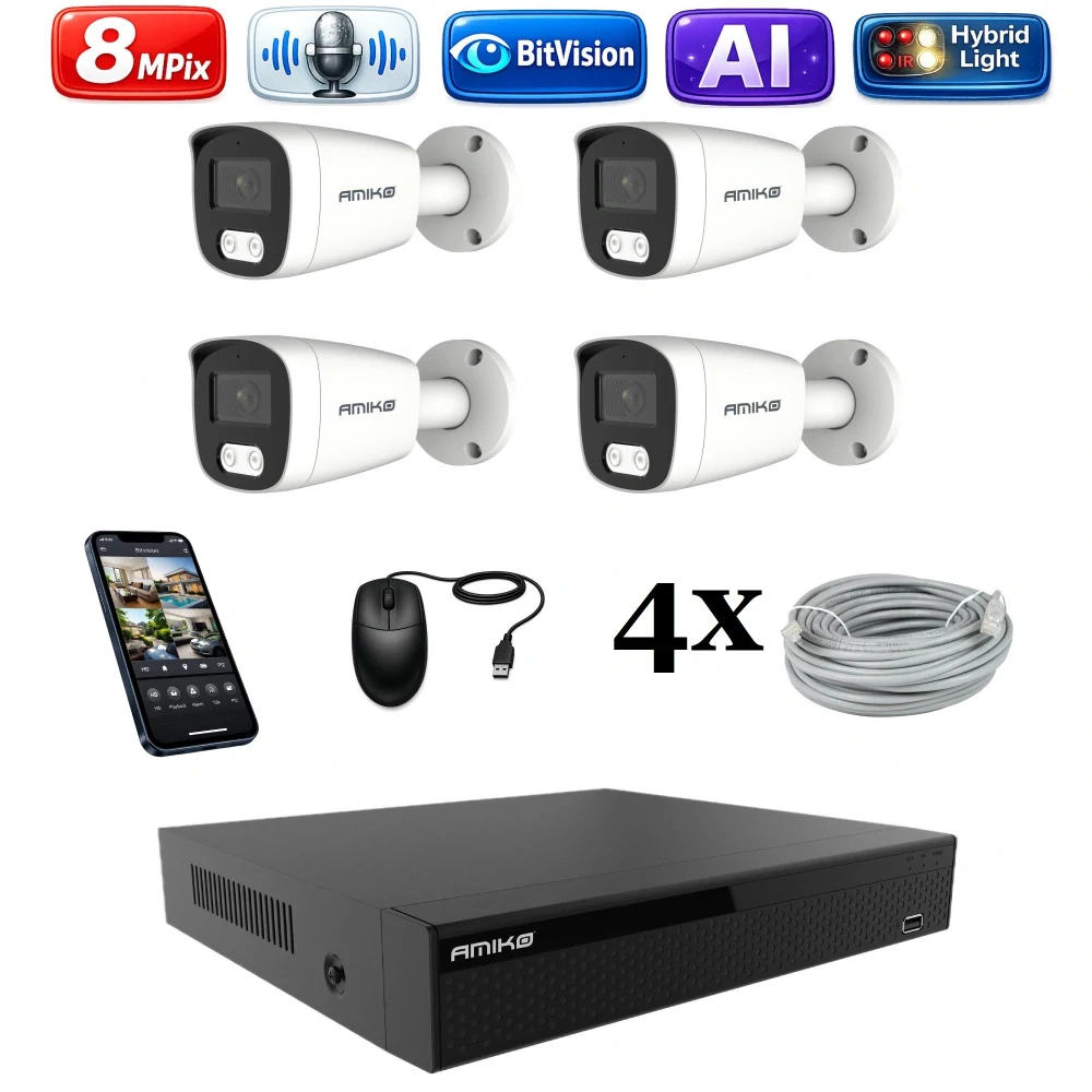 Amiko IP 4 kamerový set, 4K Ultra HD 8Mpix, Ai, Dl, Tube (1801K4)