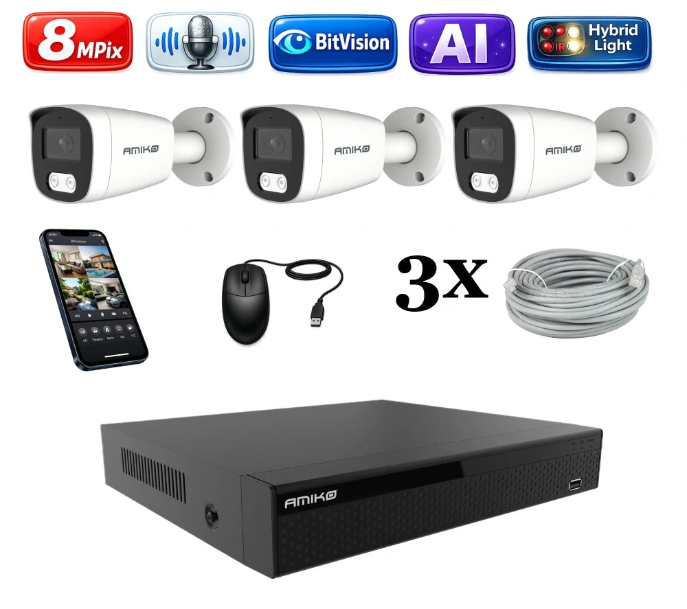Amiko IP 3 kamerový set, 4K Ultra HD 8Mpix, Ai, Dl, Tube (1801K3)