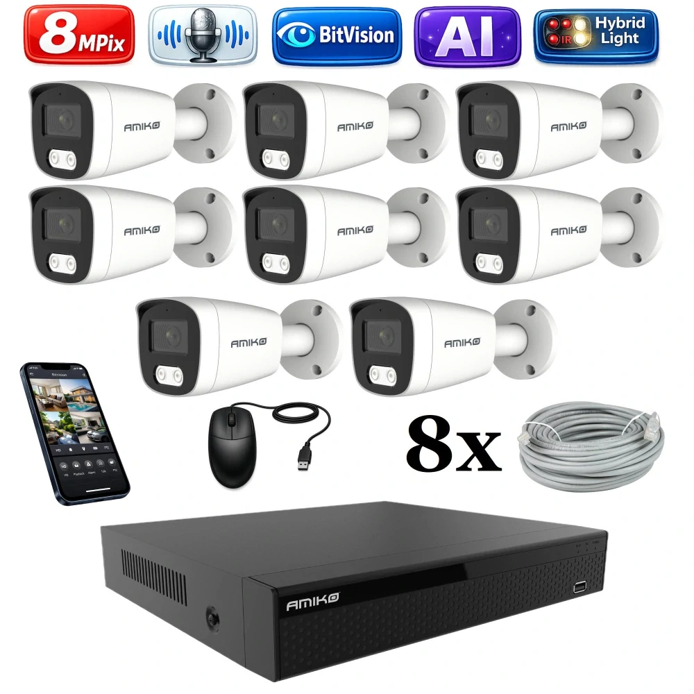 Amiko IP 8 kamerový set, 4K Ultra HD 8Mpix, Ai, Dl, Tube (1801K8)