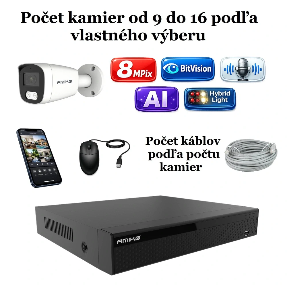 Amiko IP kamerový set, 4K Ultra HD 8Mpix, Ai, Dl, Tube (1801K9-16)