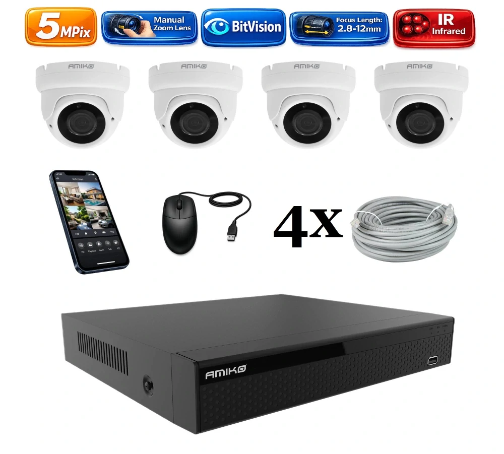 Amiko IP 4 kamerový set, Manual Zoom, 5Mpix, Dome (1505K4)