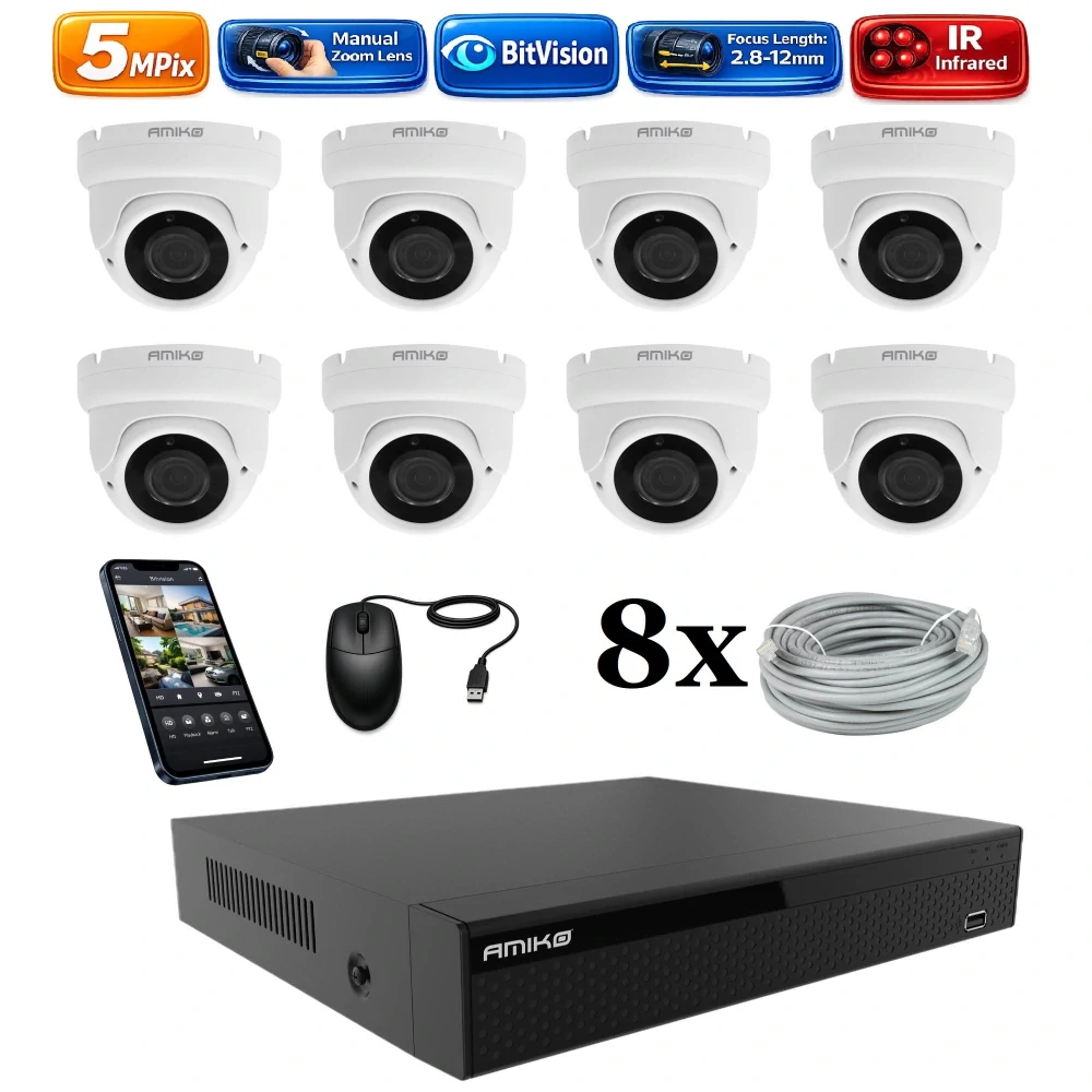 Amiko IP 8 kamerový set, Manual Zoom, 5Mpix, Dome (1505K8)