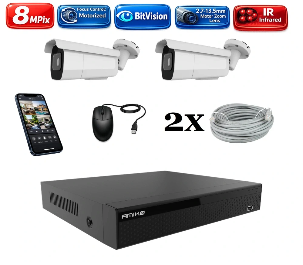 Amiko IP 2 kamerový set, Varifokal, 4K Ultra HD 8Mpix, Tube (1805K2)