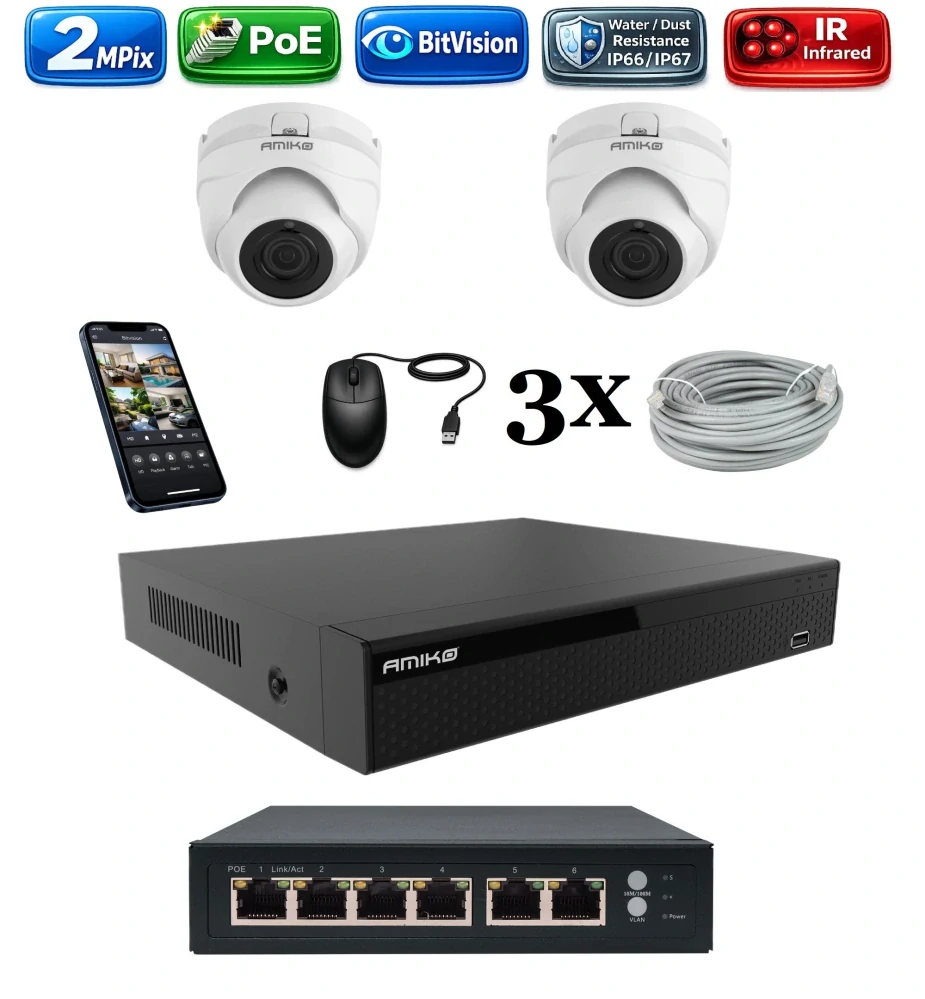 Amiko IP 2 kamerový set so switchom, 2Mpix, Dome (1200K2V2)