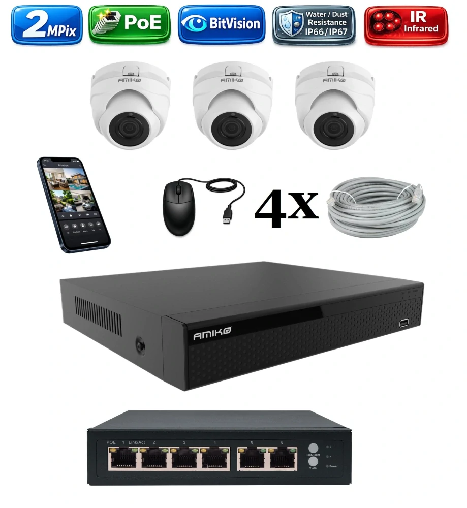 Amiko IP 3 kamerový set so switchom, 2Mpix, Dome (1200K3V2)