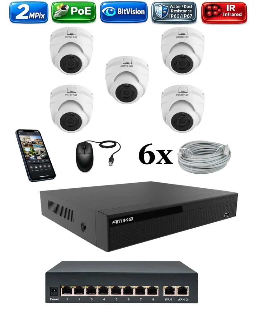 Amiko IP 5 kamerový set so switchom, 2Mpix, Dome (1200K5V2)