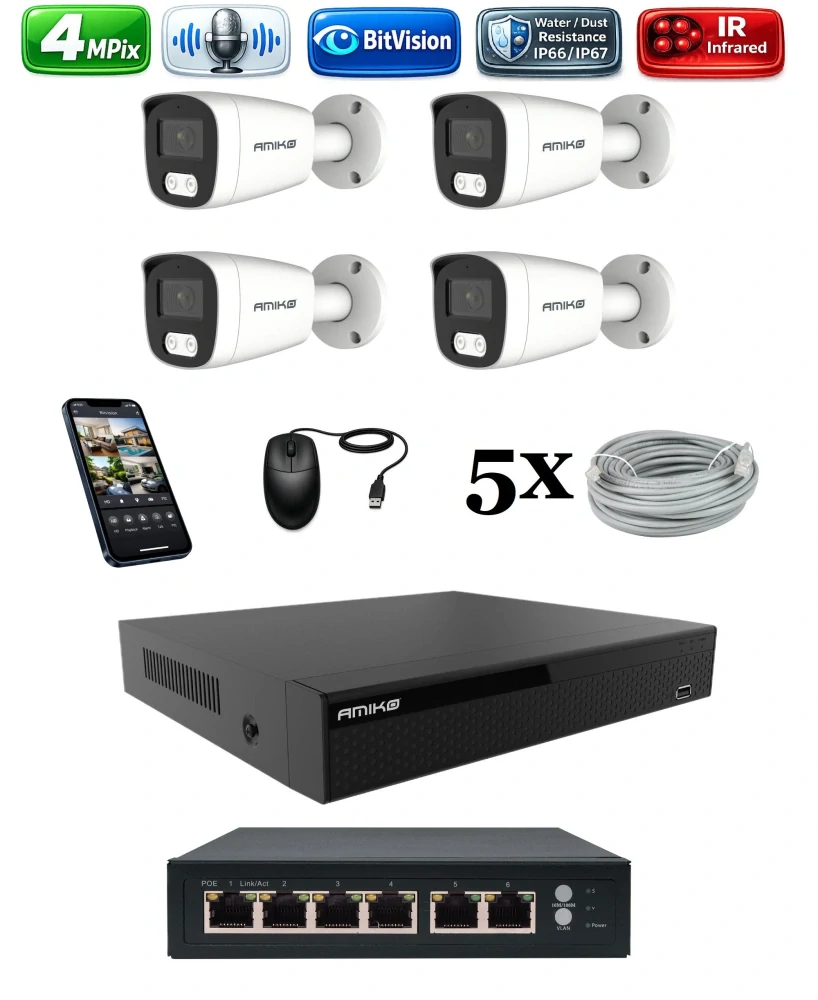Amiko IP 4 kamerový set so switchom, 4Mpix, Tube (1401K4V2)