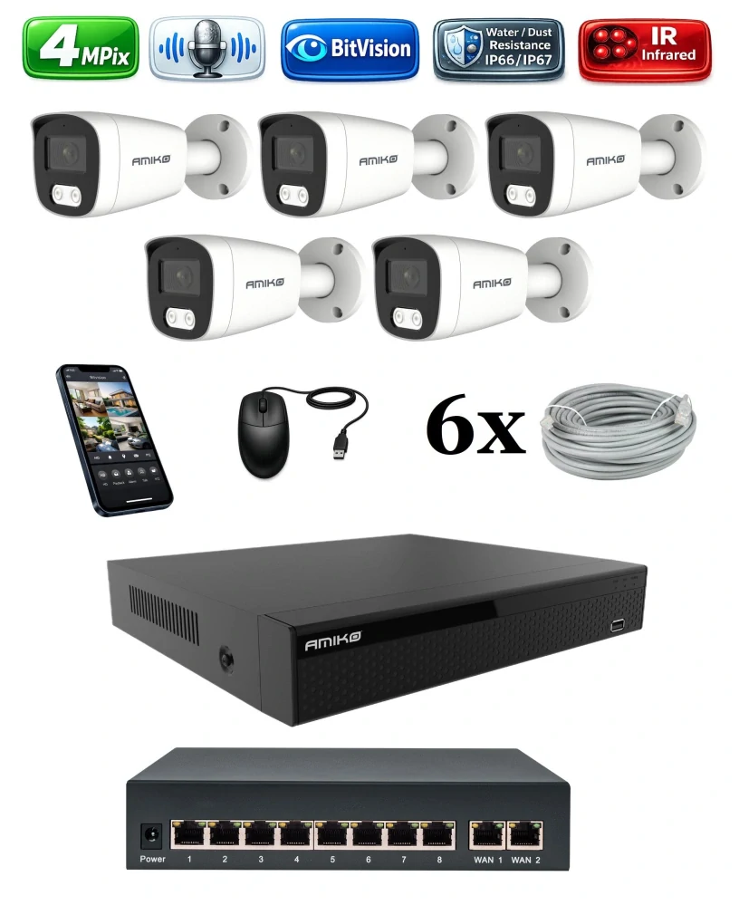 Amiko IP 5 kamerový set so switchom, 4Mpix, Tube (1401K5V2)