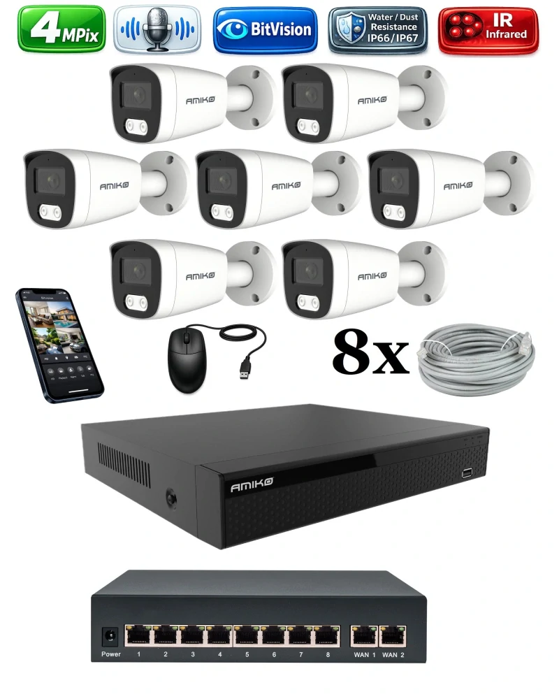 Amiko IP 7 kamerový set so switchom, 4Mpix, Tube (1401K7V2)