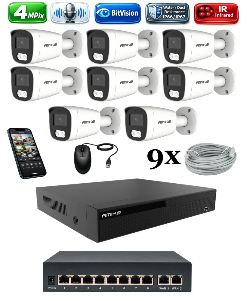 Amiko IP 8 kamerový set so switchom, 4Mpix, Tube (1401K8V2)