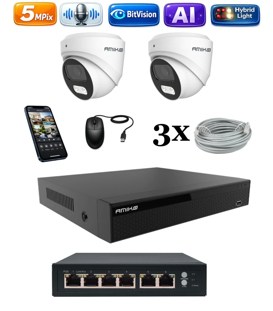 Amiko IP 2 kamerový set so switchom, 5Mpix, Ai, Dl, Dome (1500K2V2)