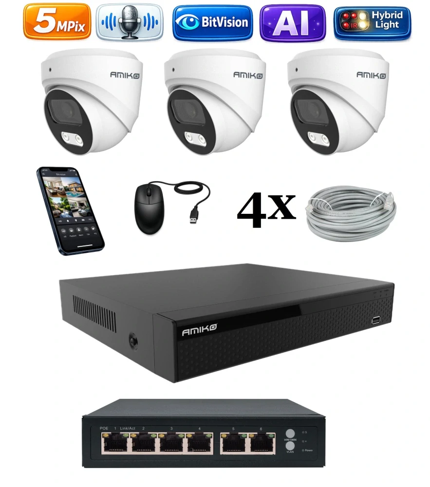 Amiko IP 3 kamerový set so switchom, 5Mpix, Ai, Dl, Dome (1500K3V2)