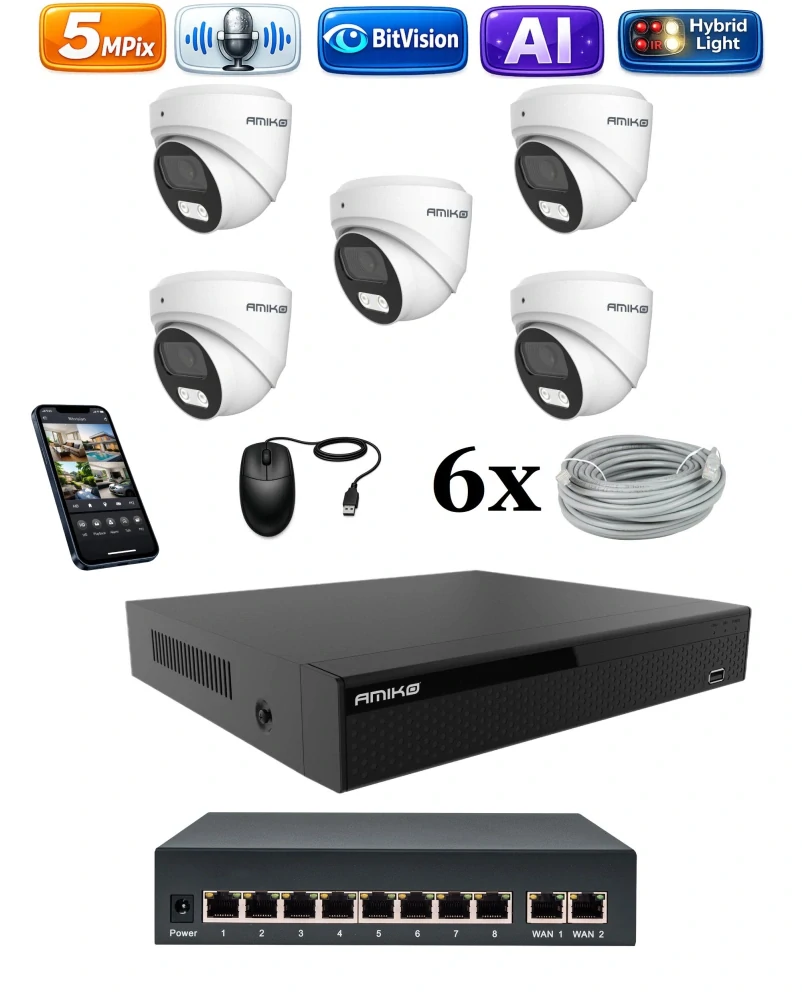 Amiko IP 5 kamerový set so switchom, 5Mpix, Ai, Dl, Dome (1500K5V2)