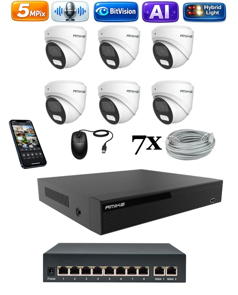 Amiko IP 6 kamerový set so switchom, 5Mpix, Ai, Dl, Dome (1500K6V2)