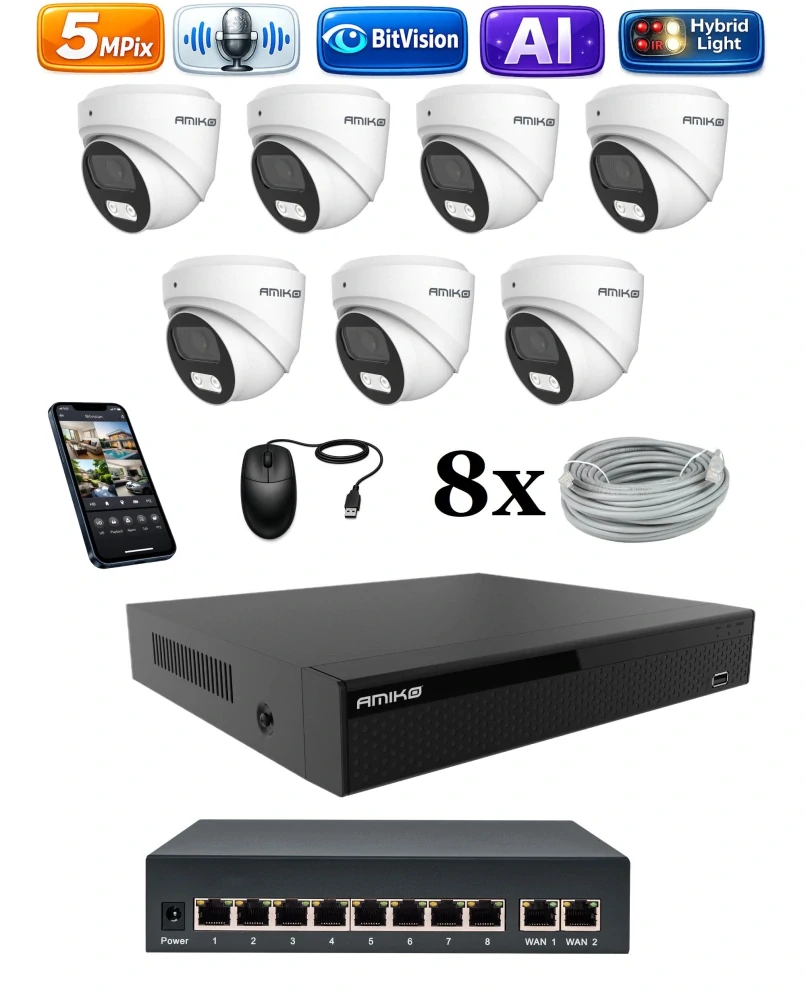 Amiko IP 7 kamerový set so switchom, 5Mpix, Ai, Dl, Dome (1500K7V2)