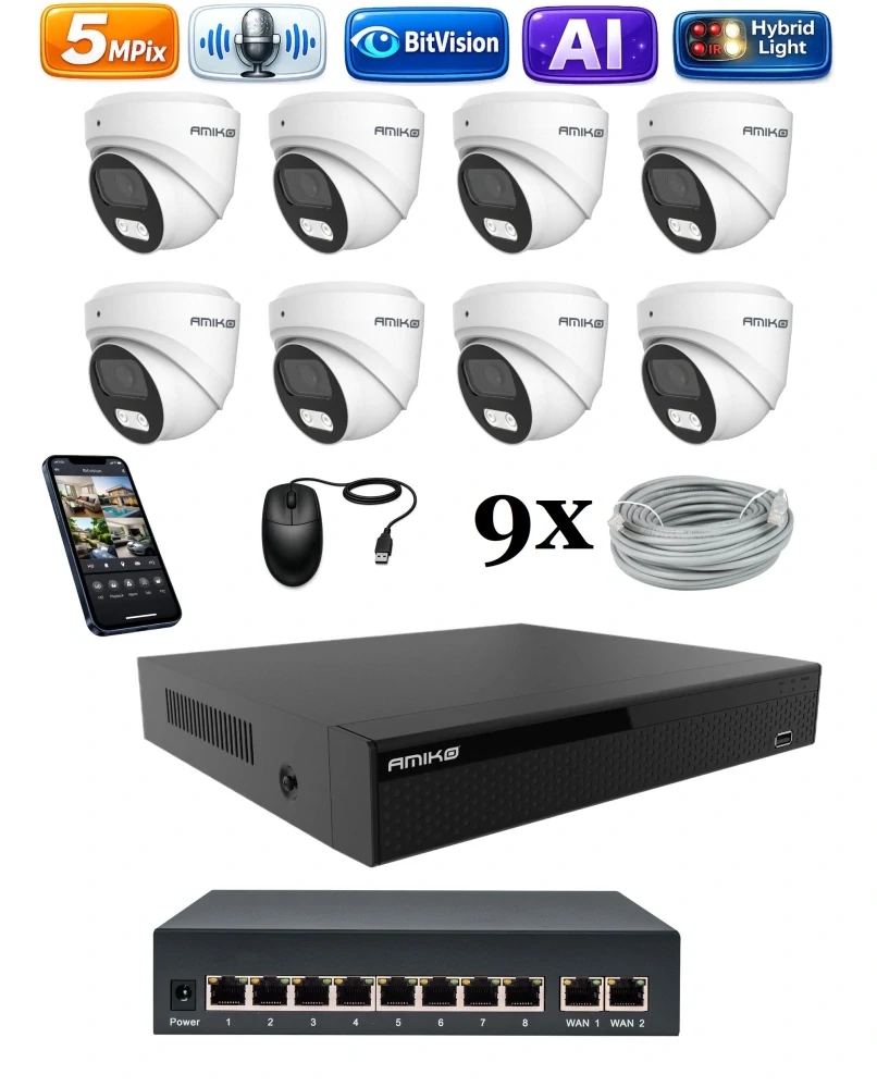 Amiko IP 8 kamerový set so switchom, 5Mpix, Ai, Dl, Dome (1500K8V2)