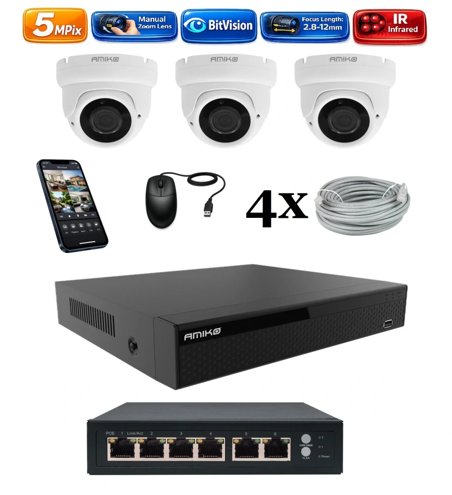 Amiko IP 3 kamerový set so switchom, Manual Zoom, 5Mpix, Dome (1505K3V2)