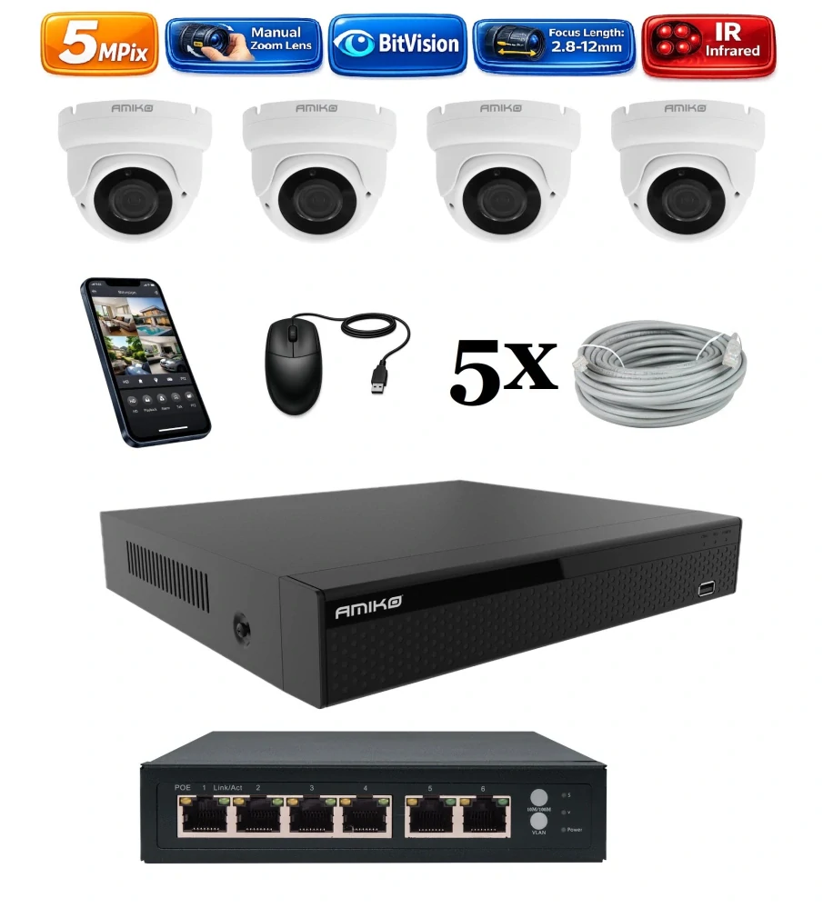 Amiko IP 4 kamerový set so switchom, Manual Zoom, 5Mpix, Dome (1505K4V2)