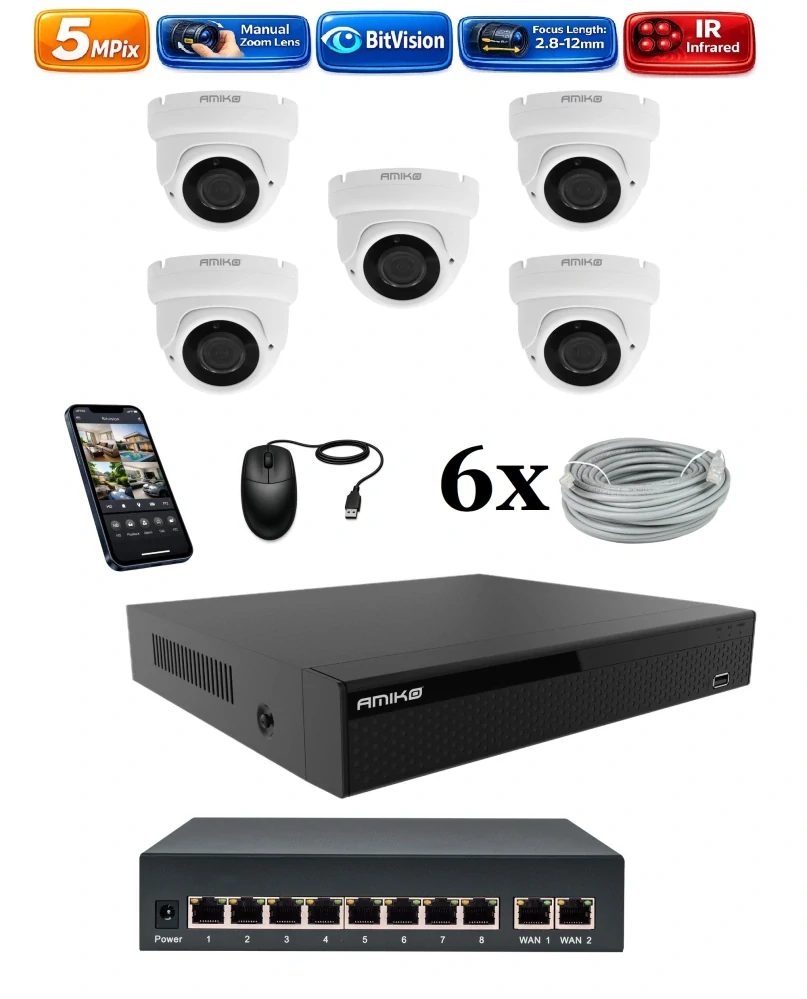 Amiko IP 5 kamerový set so switchom, Manual Zoom, 5Mpix, Dome (1505K5V2)