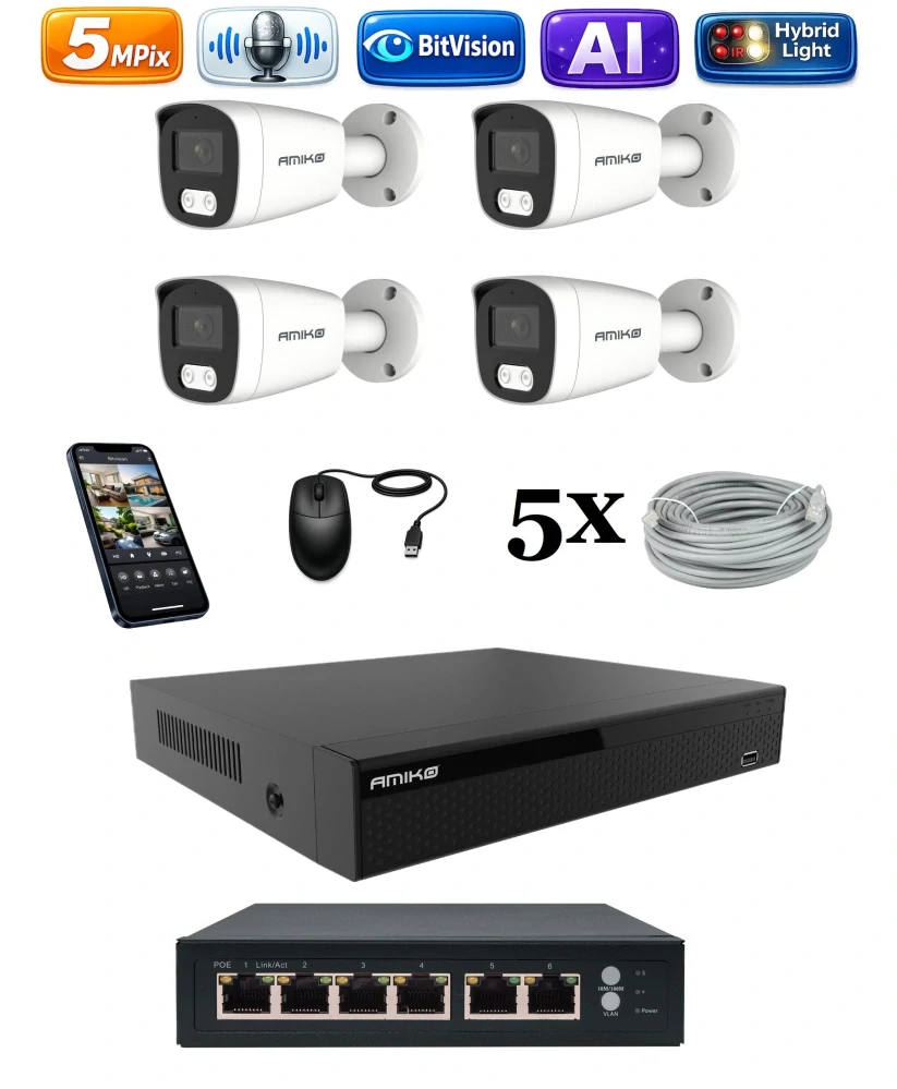 Amiko IP 4 kamerový set so switchom, 5Mpix, Ai, Dl, Tube (1501K4V2)