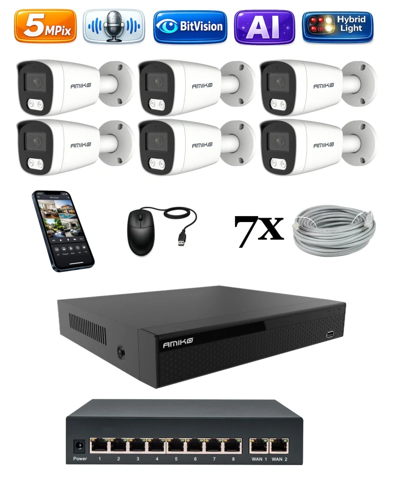 Amiko IP 6 kamerový set so switchom, 5Mpix, Ai, Dl, Tube (1501K6V2)