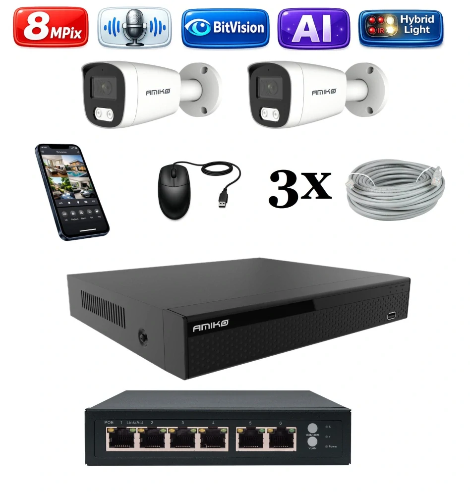 Amiko IP 2 kamerový set so switchom, 4K Ultra HD 8Mpix, Ai, Dl, Tube (1801K2V2)