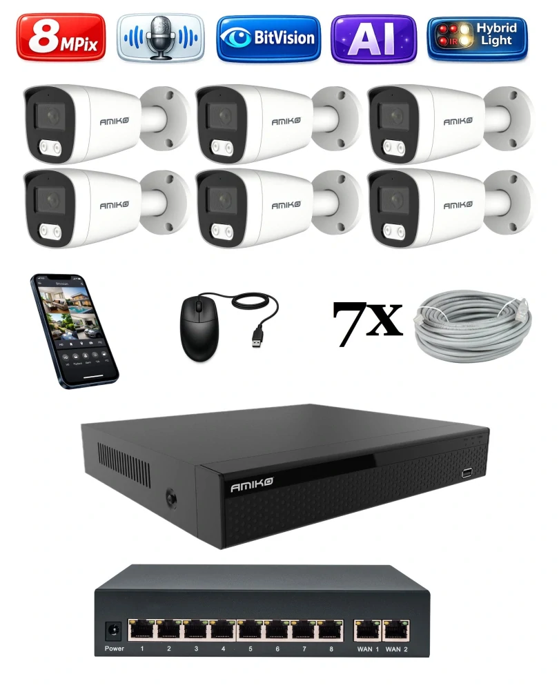 Amiko IP 6 kamerový set so switchom, 4K Ultra HD 8Mpix, Ai, Dl, Tube (1801K6V2)