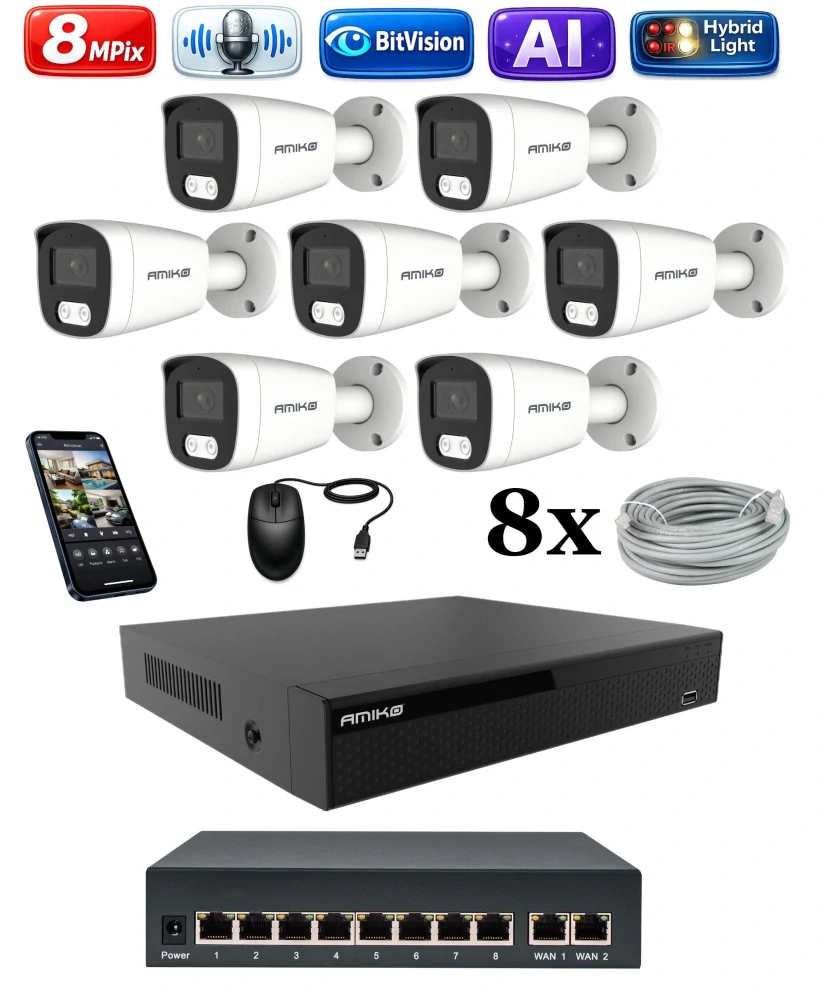 Amiko IP 7 kamerový set so switchom, 4K Ultra HD 8Mpix, Ai, Dl, Tube (1801K7V2)