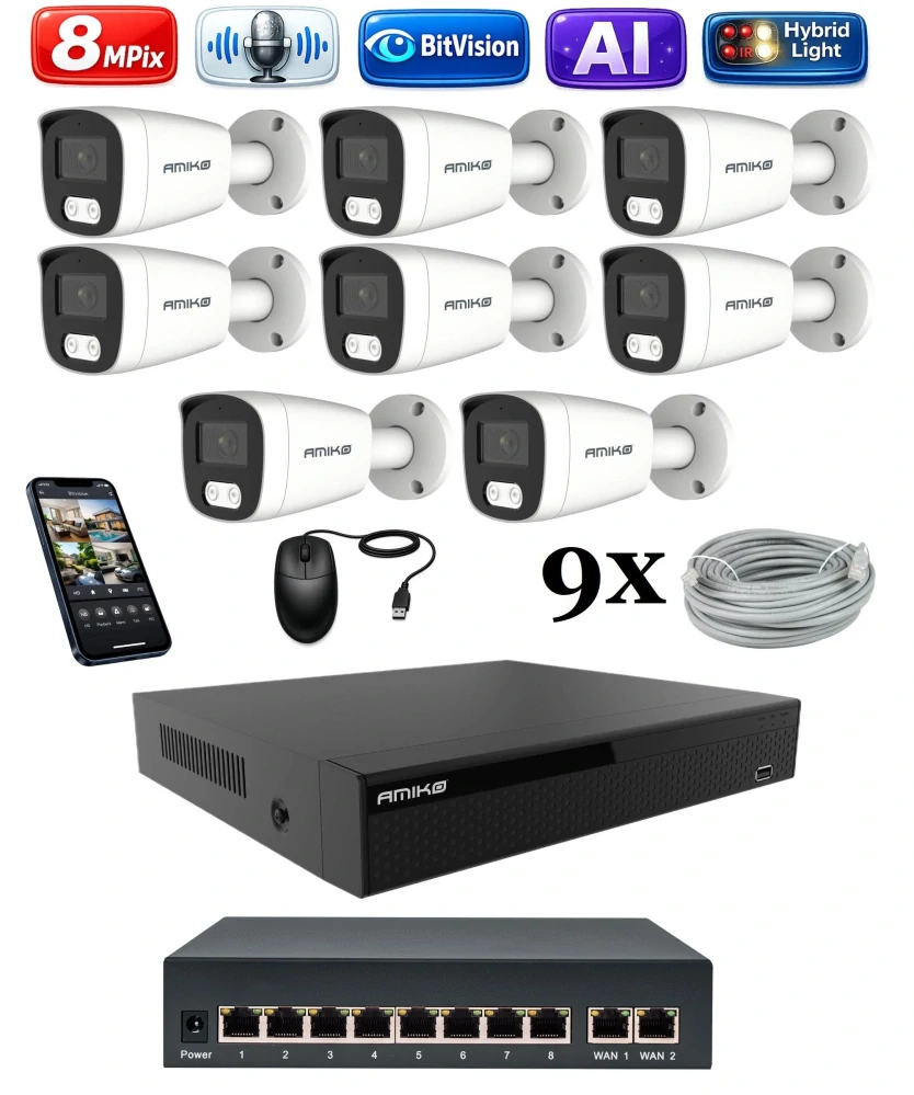 Amiko IP 8 kamerový set so switchom, 4K Ultra HD 8Mpix, Ai, Dl, Tube (1801K8V2)