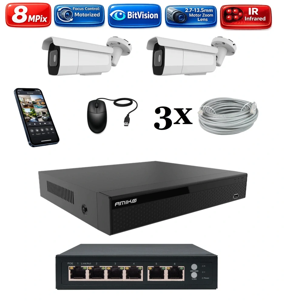 Amiko IP 2 kamerový set so switchom, Varifokal, 4K Ultra HD 8Mpix, Tube (1805K2V2)