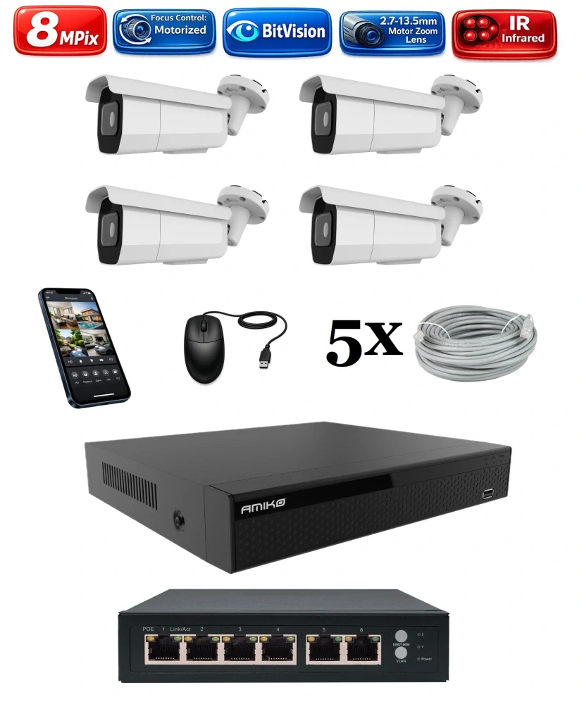 Amiko IP 4 kamerový set so switchom, Varifokal, 4K Ultra HD 8Mpix, Tube (1805K4V2)