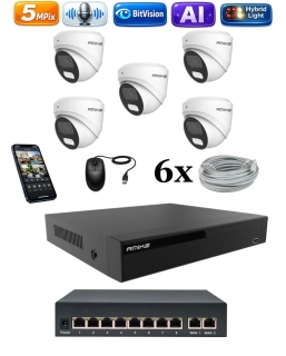 Amiko IP 5 kamerový set so switchom, 5Mpix, Ai, Dl, Dome (1500K5V2)