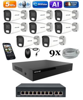 Amiko IP 8 kamerový set so switchom, 5Mpix, Ai, Dl, Tube (1501K8V2)