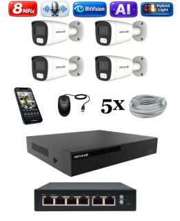 Amiko IP 4 kamerový set so switchom, 4K Ultra HD 8Mpix, Ai, Dl, Tube (1801K4V2)