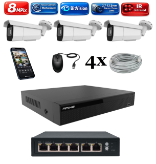 Amiko IP 3 kamerový set so switchom, Varifokal, 4K Ultra HD 8Mpix, Tube (1805K3V2)