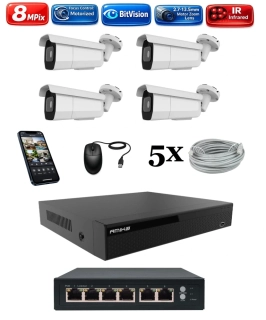 Amiko IP 4 kamerový set so switchom, Varifokal, 4K Ultra HD 8Mpix, Tube (1805K4V2)