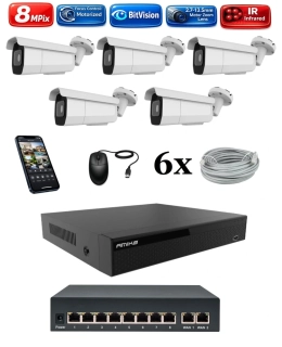 Amiko IP 5 kamerový set so switchom, Varifokal, 4K Ultra HD 8Mpix, Tube (1805K5V2)