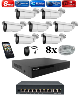 Amiko IP 7 kamerový set so switchom, Varifokal, 4K Ultra HD 8Mpix, Tube (1805K7V2)